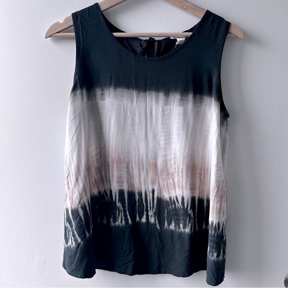 TRIBAL Tie Dye Swing Blouse XS Black Tan bohemian boho neutral Sleeveless summer